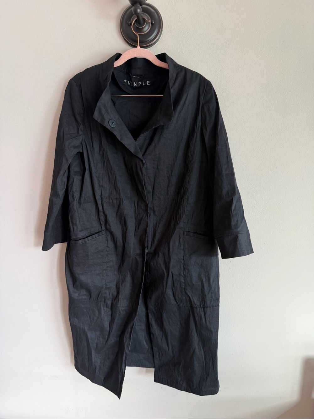 THINPLE Italy Black Linen Blend High-Collar Duster Coat Jacket IT 46 US 10 L